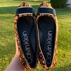Calvin Klein Oneta Leopard Print Ballet Flats, Round Toe, Calf Hair, Sz 7.5